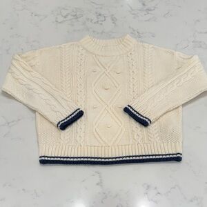 Girls Vineyard Vines Ivory Cable Knit Sweater with Navy Trim
